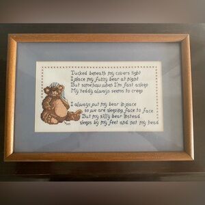 Vintage Framed Teddy Bear Cross-Stitch Art